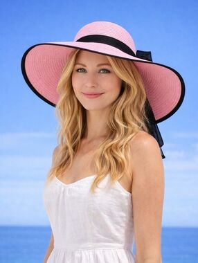 🆕️ 👒 PACKABLE LIGHT PINK WITH BLACK BOW SUN HAT - FLOPPY BEACH HAT👒